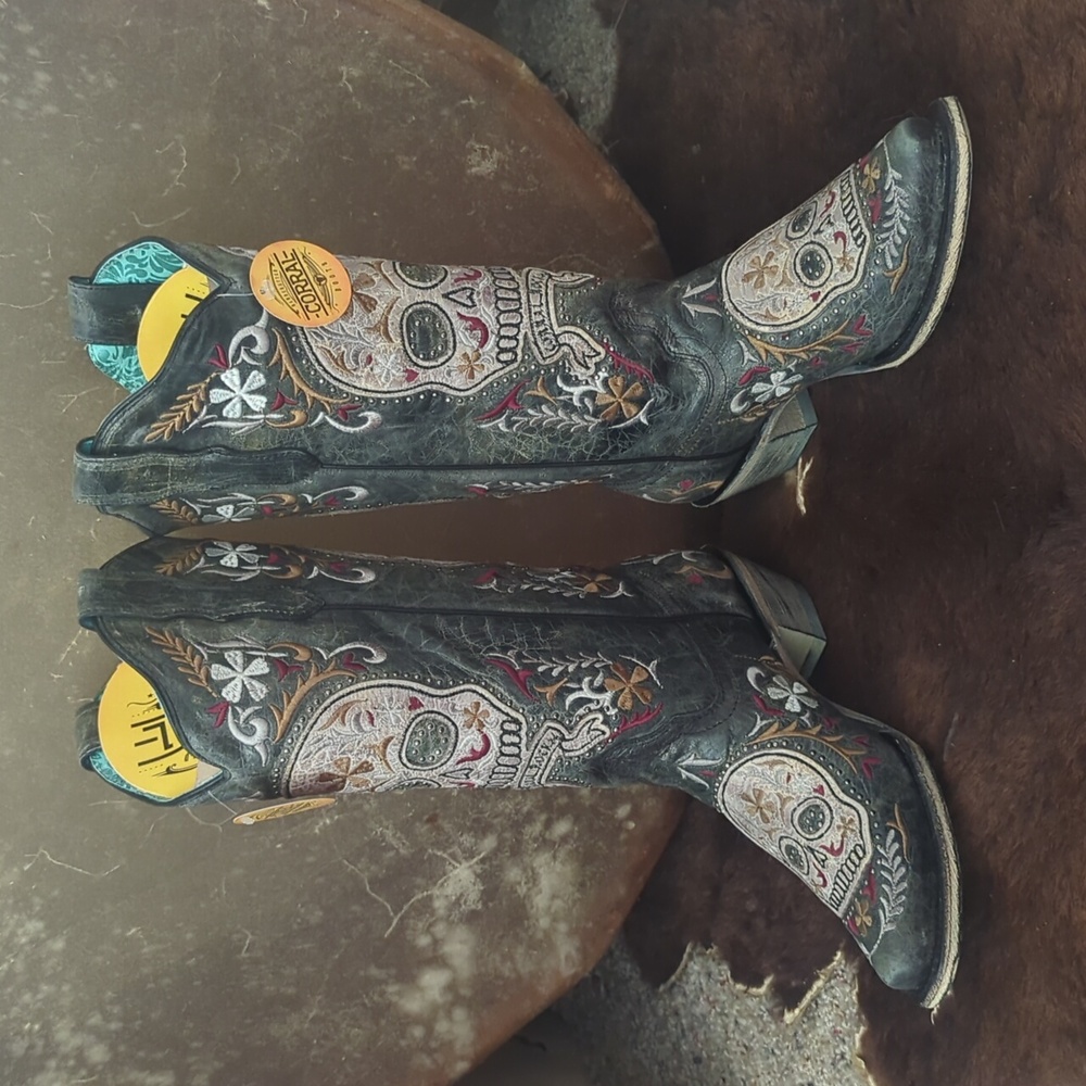 CORRAL E1587 distressed charcoal leather embroidered sugar skull boots sz 7 NWT - Picture 12 of 16